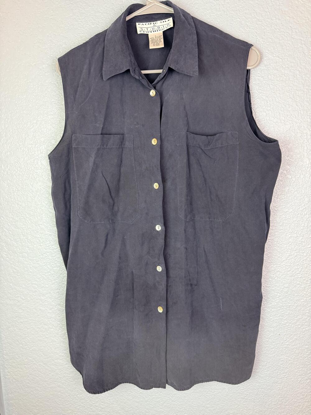 Pacific Silk & S.T.U.D.I.O Clothing Co Blouse Womens Large Navy Blue Silk Button